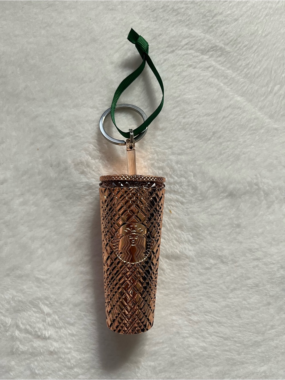 Starbucks Rose Gold Textured Tumbler Keychain with Green Ribbon Loop